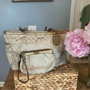 Gallery Lurex Metallic Gold Khaki Tote Shoulder Bag and wristlet
